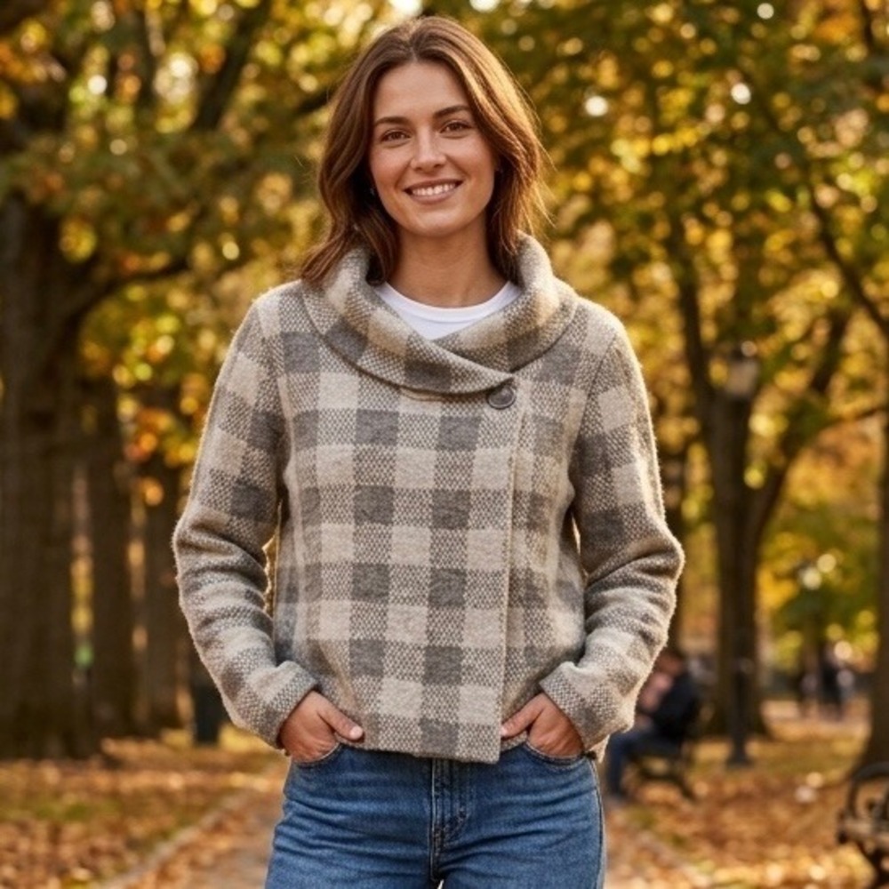 Ellen Tracy Plaid Cowl Neck Cardigan Sweater Taupe/Oatmeal Wool Blend - Size XL
